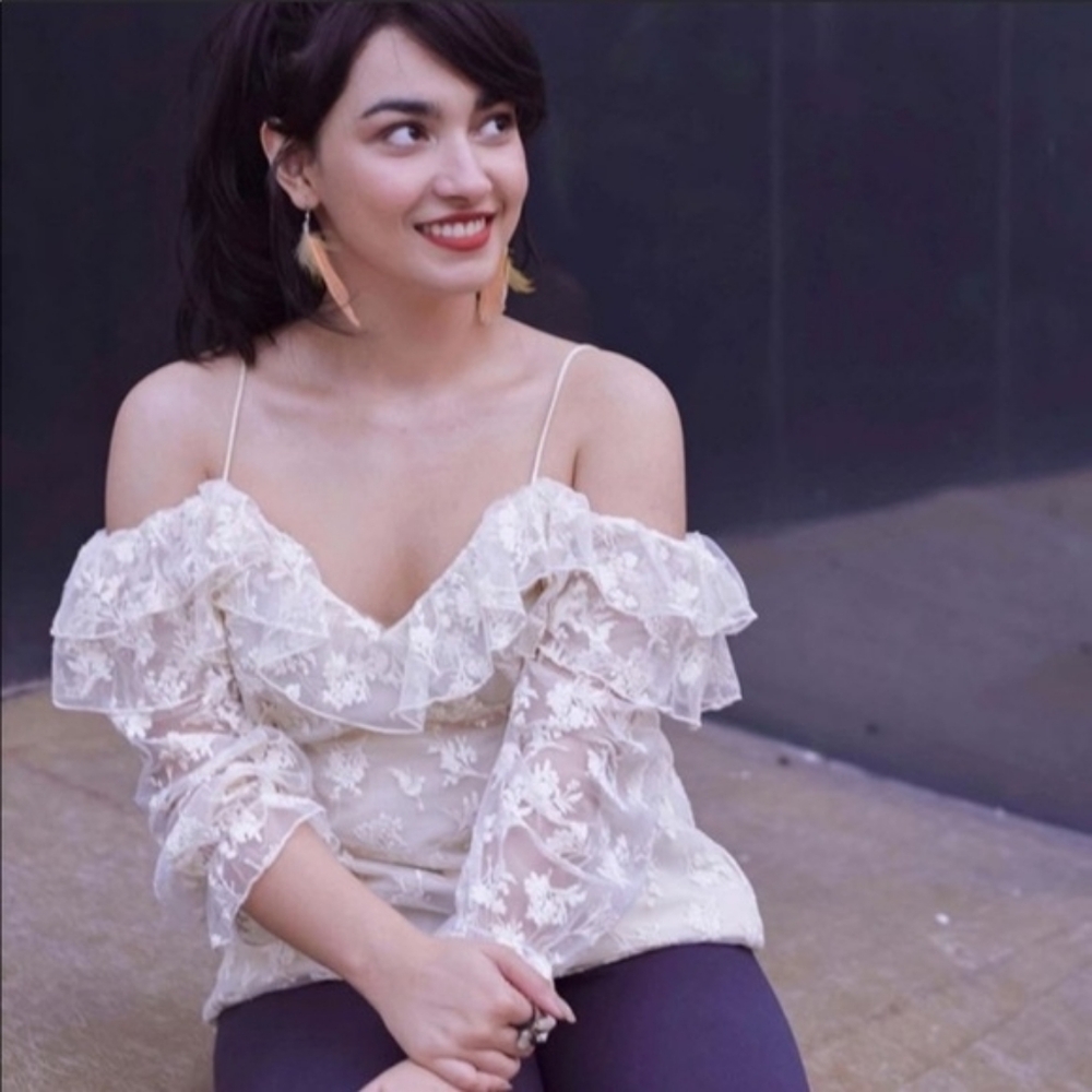 NWT Zara Embroidered Lace Open Shoulder Top Cream Romantic Blouse Size M